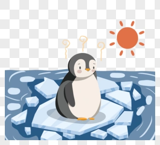 卡通气候变暖手绘冰川融化企鹅元素素材