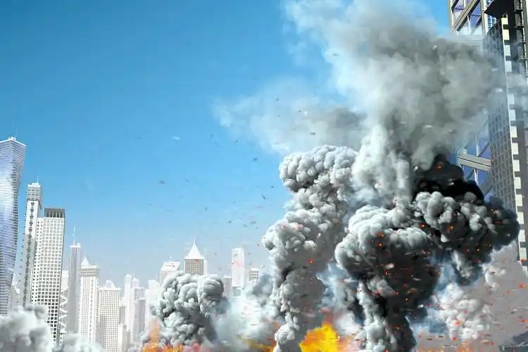 抽象城市中的巨大烟柱和火灾,工业事故或恐怖行为的概念,蓝天背景