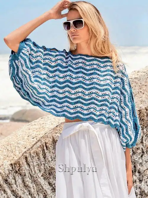 蝙蝠袖条纹波浪女士编织上衣