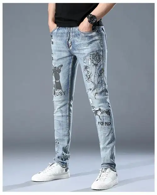 秋冬新款潮牌弹力牛仔裤男士 鹿头烫钻印花小脚裤男士休闲长裤子