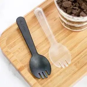 一次性硬塑料甜点布丁慕斯蛋糕勺子调羹叉子黑色独立包装加厚新款