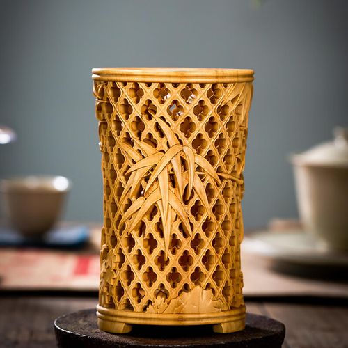 黄杨木雕刻节节高升竹子笔筒家居饰品办公书桌工艺品摆件 竹节笔筒