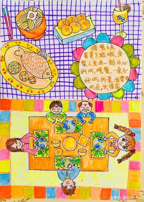 傍晚6:00,爸爸下班了,全家人坐在一起开心的吃晚餐,一桌子好吃的菜我