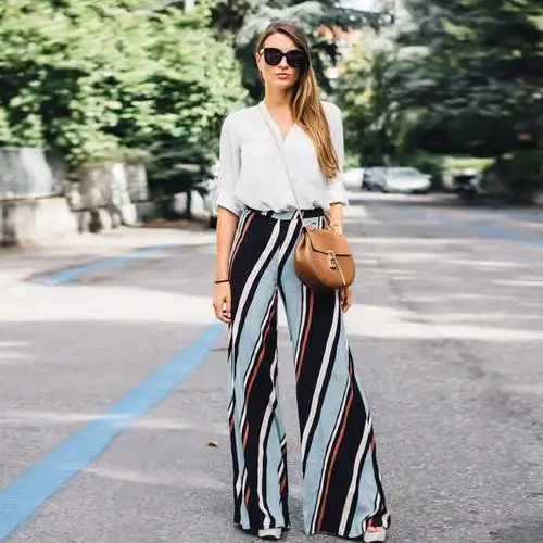 20春夏季薄款微喇叭休闲裤欧美风明星同款女长裤显瘦斜条纹阔腿裤