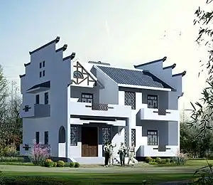 20万仿古式风格徽派二层农村自建房设计图