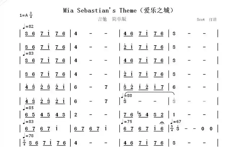 mia sebastians theme(爱乐之城)--吉他简单版--动态简谱