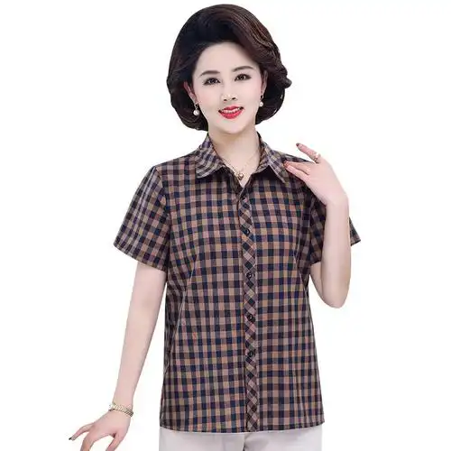 中老年女衬衫短袖妈妈特体宽松纯棉奶奶春秋肥大衬衫
