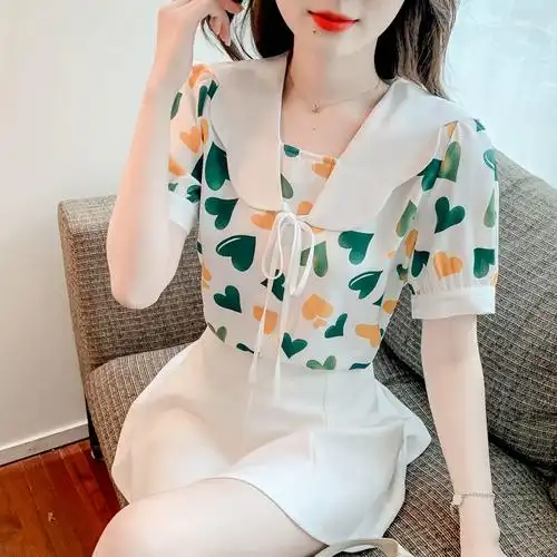 上衣女设计感系带甜美短袖新款t恤娃娃领爱心印花雪纺衫2022夏季