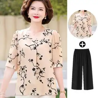 温蔓尔中老年夏季妈妈装2022年夏装雪纺衫短袖t恤女装上衣中年时尚