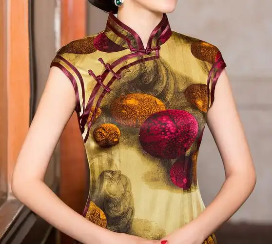 旗袍新款印花高贵气质修身金黄色真丝桑波缎中旗袍