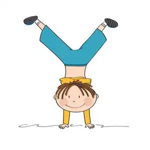 锻炼男孩有乐趣, 微笑, 做倒立-原始的手绘的例证照片