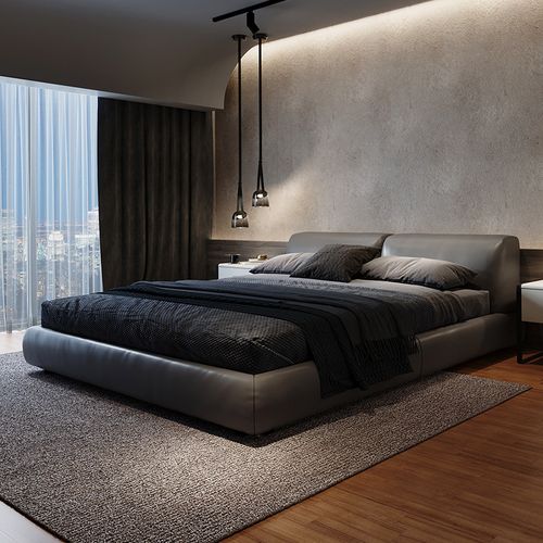 意式极简真皮床简约现代1.8米主卧双人床卧室软包储物婚床