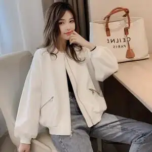 白色棒球服女春秋外套2020年新款韩版宽松百搭纯色夹克短外套上衣