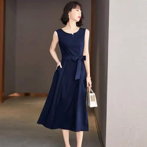 有现货◆2021纯色无袖连衣裙女装系腰带百搭修身显瘦裙子,女装