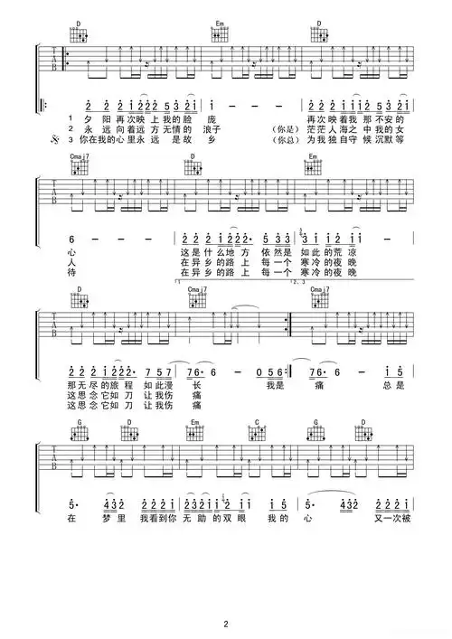 许巍《故乡》高清吉他谱(许巍词曲,侍书琴社编配版)简谱歌词