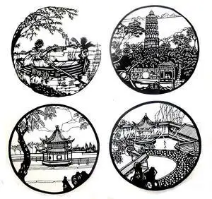 虎丘塔剪纸画风景黑色26cm 4个套纯手工剪纸窗花装饰画