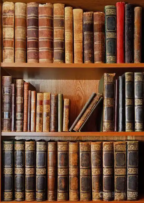 货架上摆满古董书籍图书馆