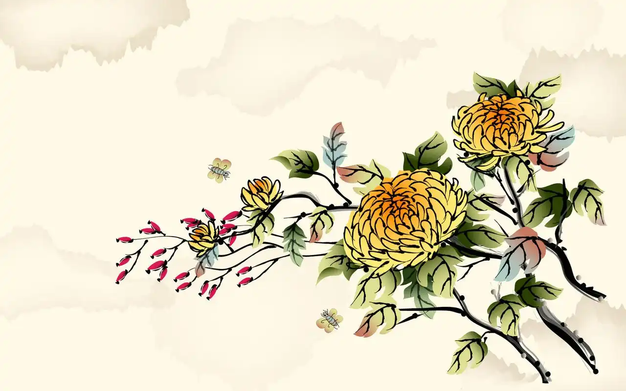 矢量植物花卉水墨画电脑桌面壁纸下载