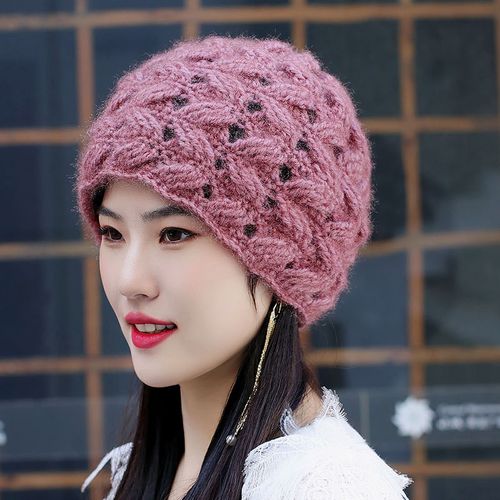 新款帽子女帽手工编织帽松鼠绒毛线帽妈妈保暖加厚帽护耳滑雪帽子