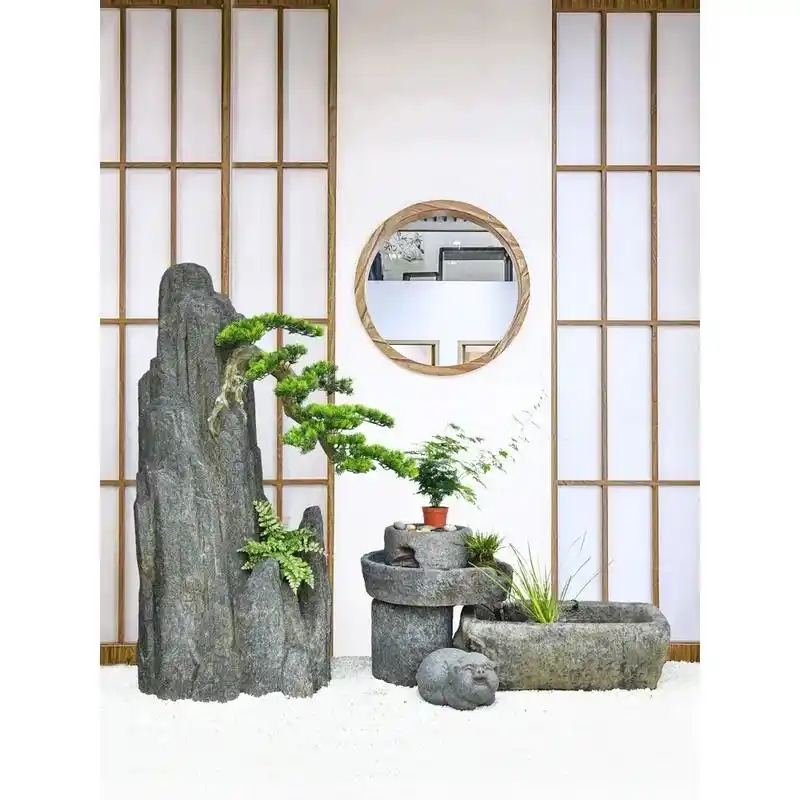 中式假山流水摆件庭院装饰落地喷泉石槽水池仿真石头造景松树景观