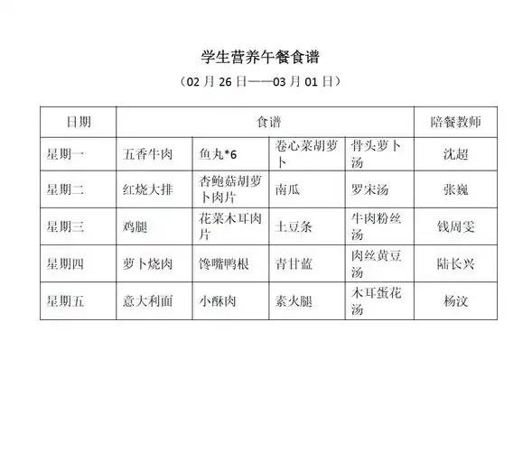 第二周学生营养午餐食谱