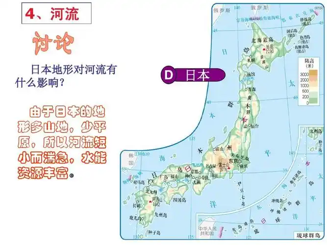 d 日本 由于日本的地 形多山地,少平 原,所以河流短 小而湍急,水苘
