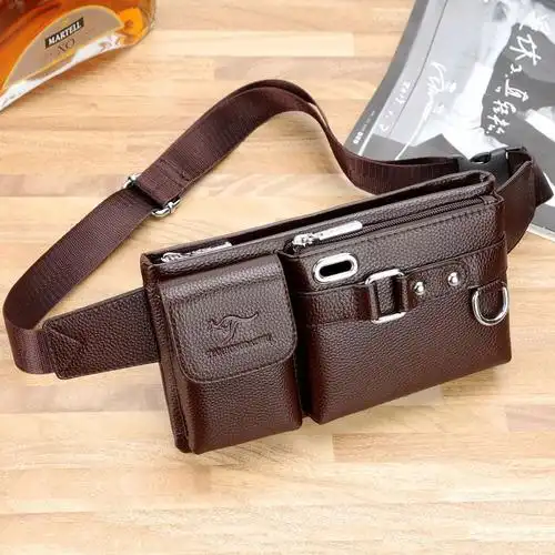 派尼美特男腰包真皮质感手机包多功能大容量男士休闲胸包斜挎包潮