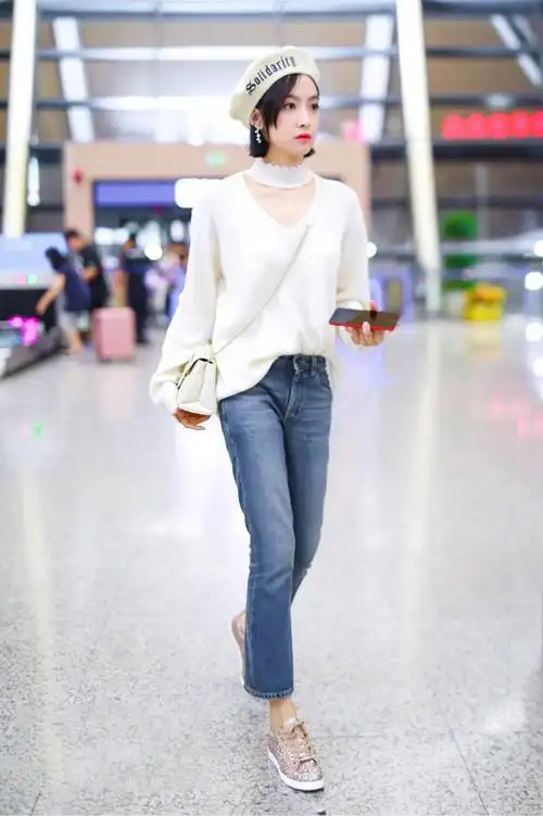 秋冬明星宋茜同款白色v领挂脖宽松chic套头打底毛衣针织衫牛仔裤