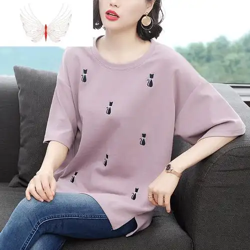 宽松七分袖上衣夏季中年妈妈大码女装中袖t恤女短袖半袖夏装暖青汇