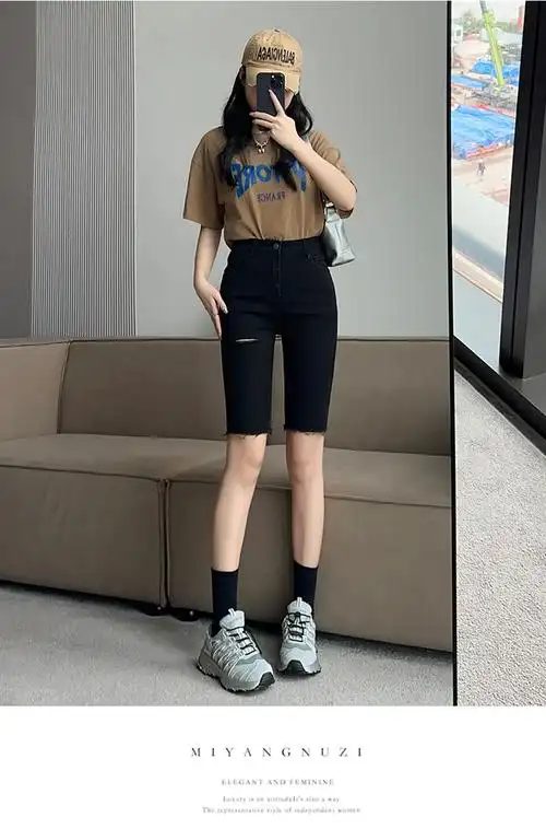 实拍519五分牛仔裤女夏薄款高腰弹力中裤紧身显瘦ins黑色5分破洞 - 17