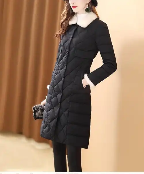 梵威伦vaveren轻奢品牌羽绒服女2019冬装新款白鸭绒中长款黑色修身