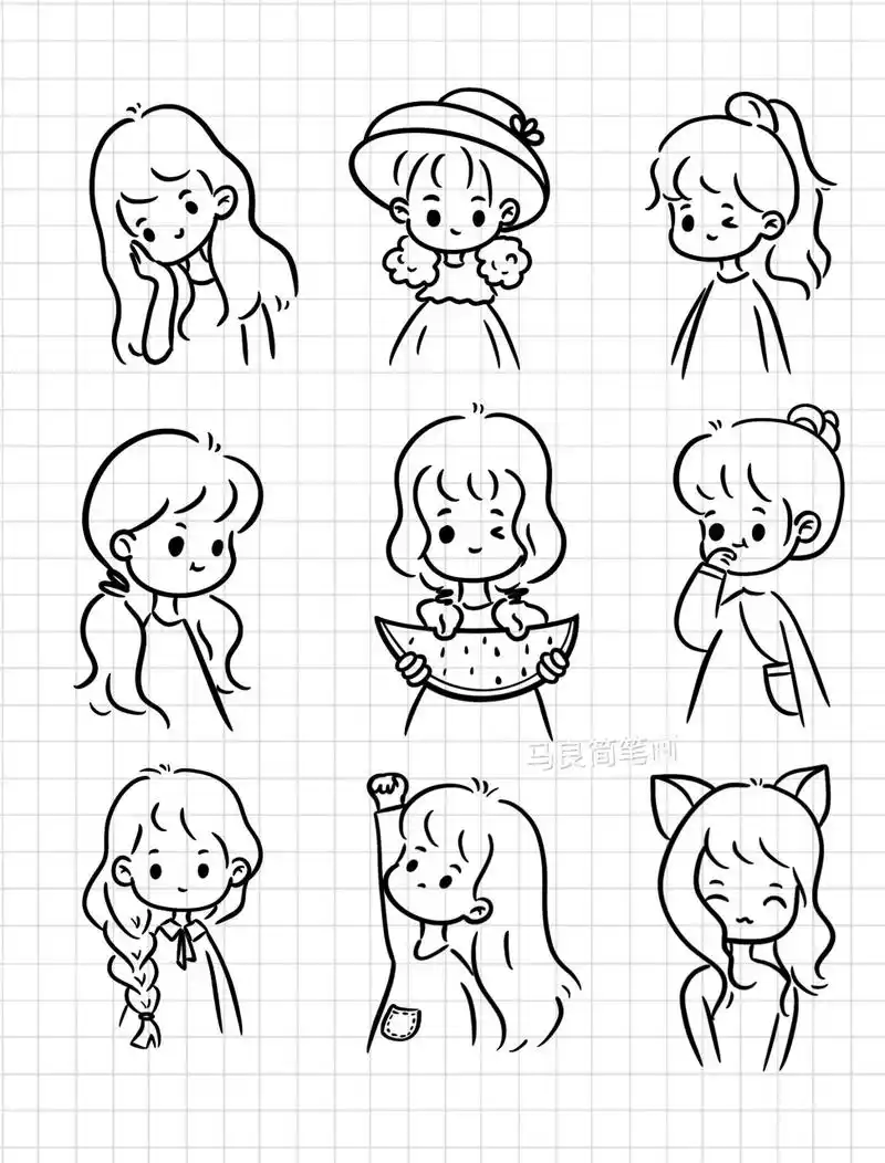 简笔画|超可爱简笔画女孩头像手帐素材插画 临 看似不起波澜的日复一