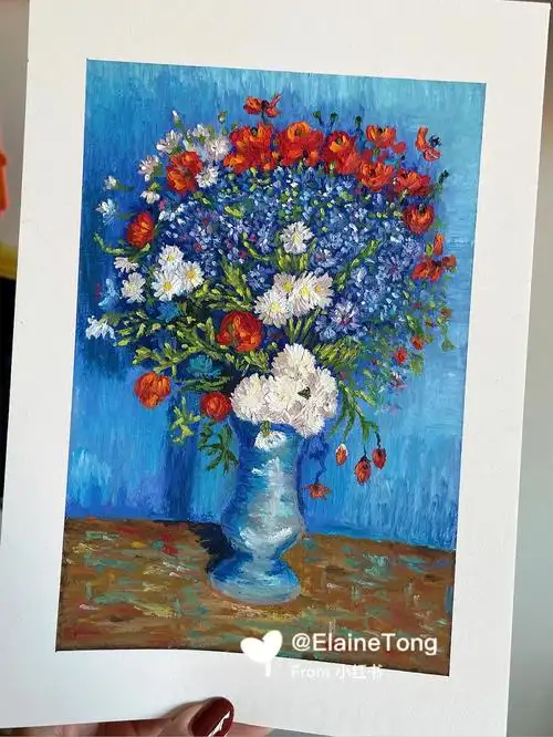 油画棒临摹梵高矢车菊和罂粟附过程