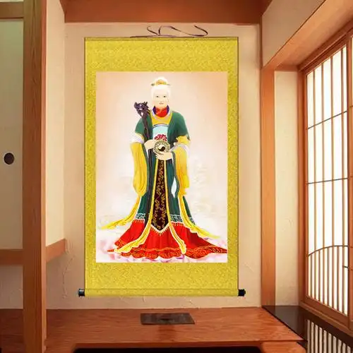 中式无生老母画像挂画无极老母神像卷轴画客厅玄关家用供奉装饰画