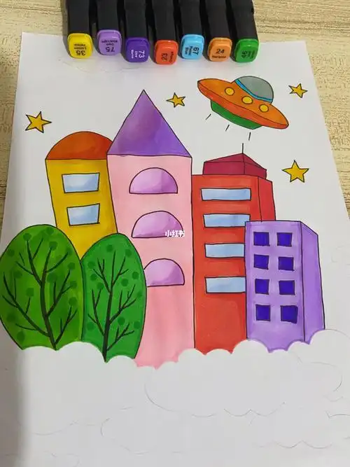 浅浅的灰色蓝色或者是粉色城市楼房的简笔画高楼房子的简笔画高楼大厦