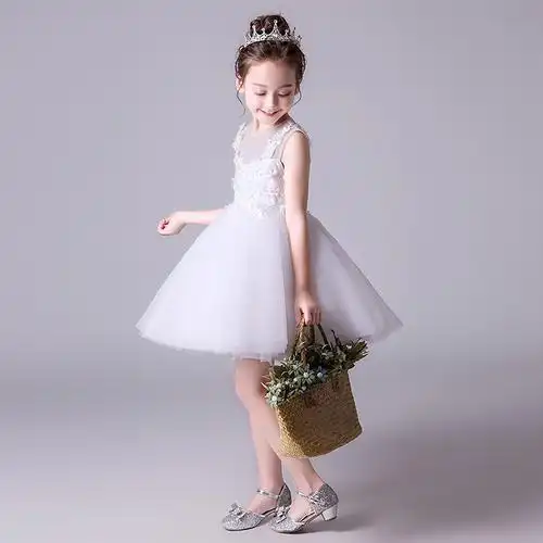 花童小主持婚纱生日钢琴演出服女童白色礼服公主裙儿童蓬蓬纱夏季白色