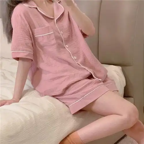 简约睡衣女夏天新款ins风甜美纯色印花宽松纯欲风短袖家居服套装 - 17