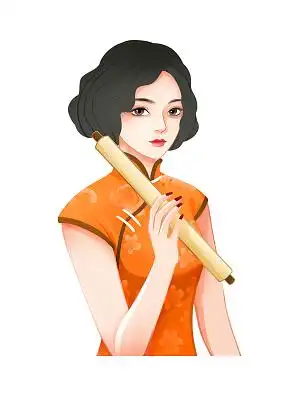 橙色手绘中国风国潮旗袍美女民国人物元素png素材