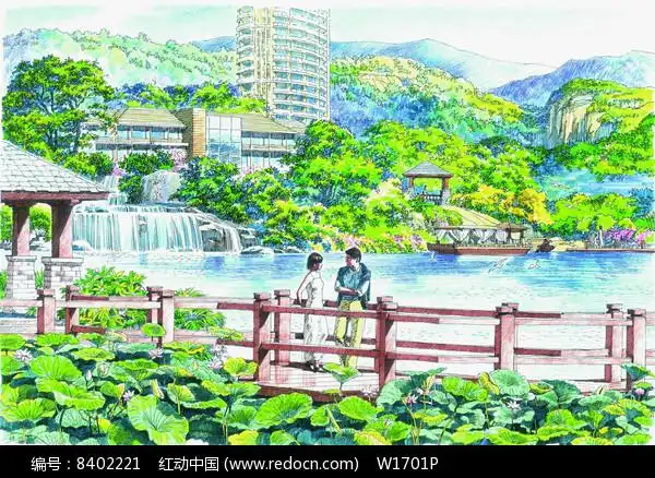 公园亲水平台效果图手绘