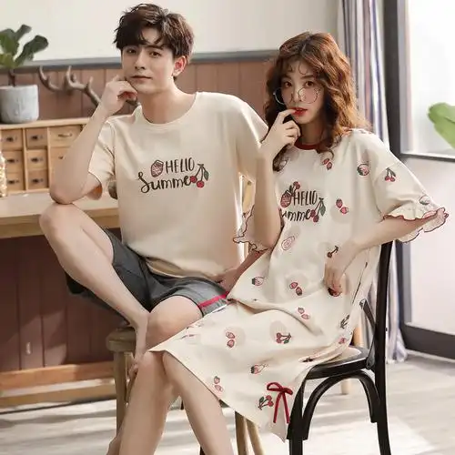 情侣睡衣夏女短袖圆领可爱睡裙男宽松可外穿家居服批发-阿里巴巴