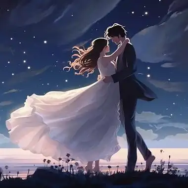 情侣夜晚月色下拥抱在一起跳舞唯美浪漫情人节爱情双人手绘插画氛围感