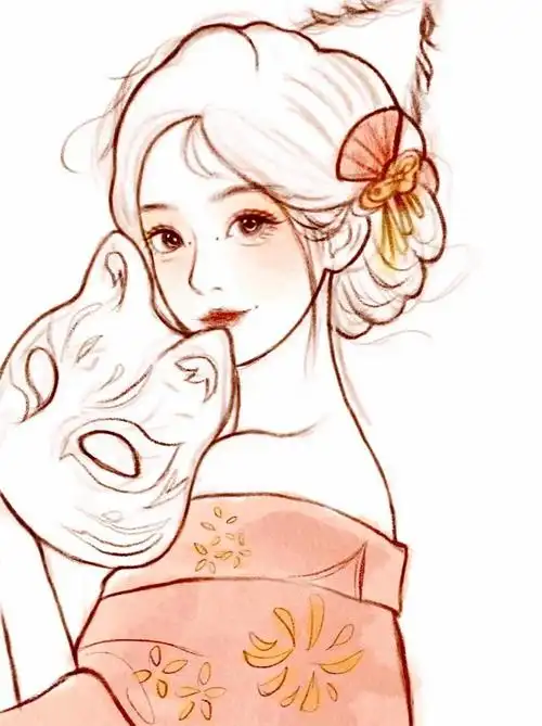 手绘线稿日式和服风少女