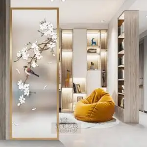 现代简易磨砂钢化艺术玻璃屏风隔断客厅入户玄关透光不透明定制