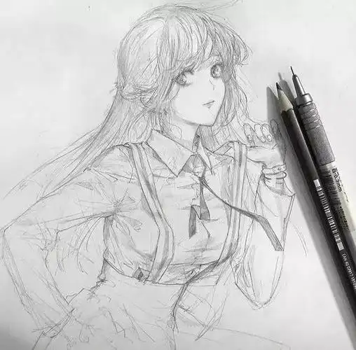 铅笔画 线稿黑白 动漫女