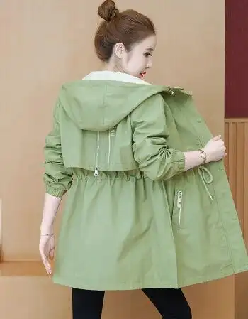 高品质新款春季外套女韩版宽松显瘦风衣女中长款春百搭学生外套绿色