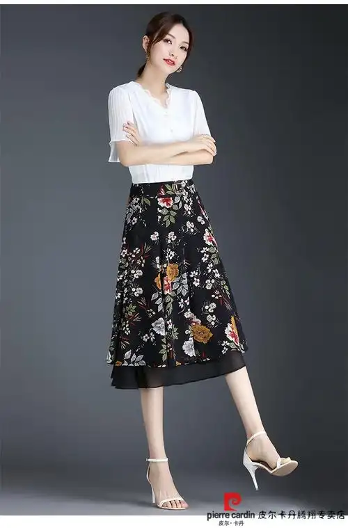 皮尔卡丹轻奢高档女装雪纺半身裙女夏中老年裙子a字高腰中长碎花
