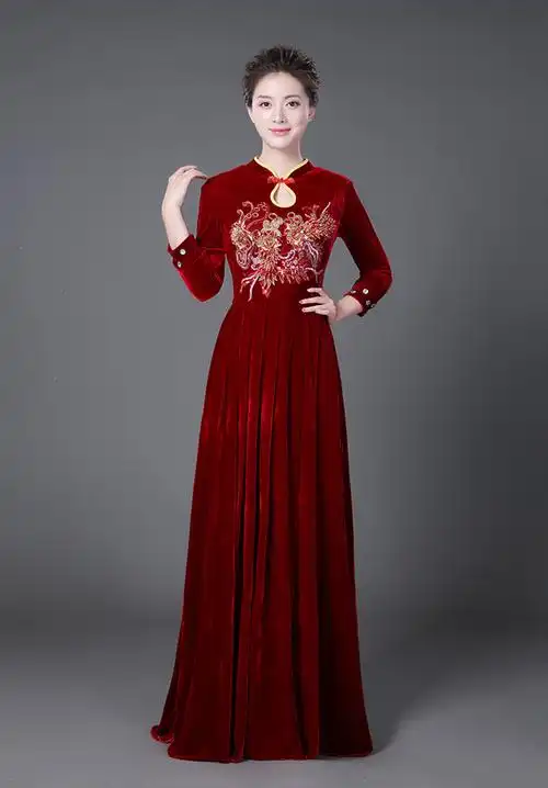 独唱演出服女大合唱演出服女长裙晚礼服成人连衣裙诗歌诵中老年合唱服