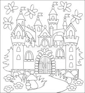 黑白插图仙境中世纪城堡着色.照片