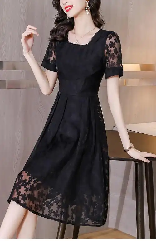 裙子夏天微胖30岁中年女装夏季妈妈夏装短袖40女人中长款连衣裙45黑色