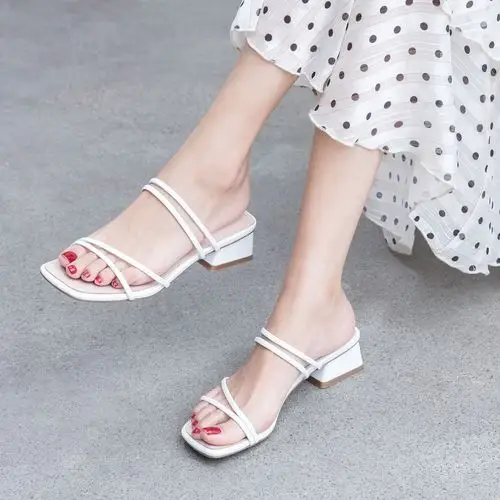 两穿简约百搭仙女风2019夏季新款中粗跟真皮凉鞋女一字带穆勒拖鞋